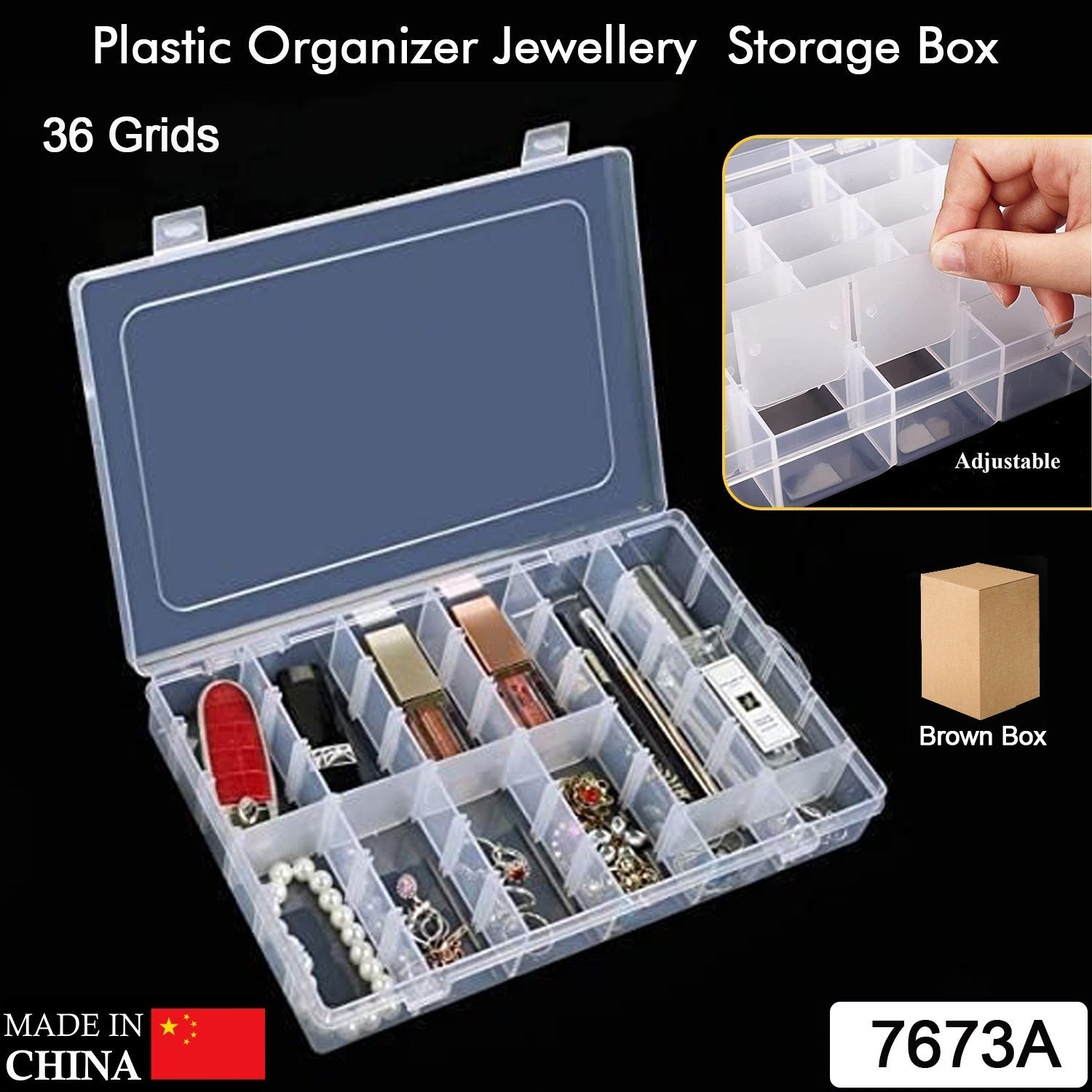 7673a 36 Grids Clear Plastic Organizer Jewelry Storage Box with Adjustable Dividers, Transparent Organizer Box (1pc) 7673a 36 Grids Clear Plastic Organizer Jewelry Storage Box with Adjustable Dividers, Transparent Organizer Box (1pc)